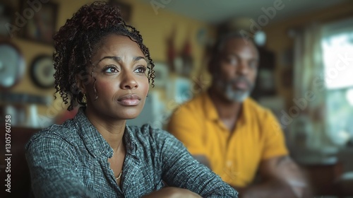 Worried family gathered in their modest home discussing the financial burden of bail for a loved one with cultural artifacts around them