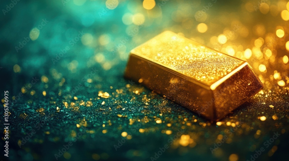 Gold bar with subtle dust particles on its surface, placed on a rich emerald background. Gold bar with subtle dust particles on its surface, placed on a rich emerald background.