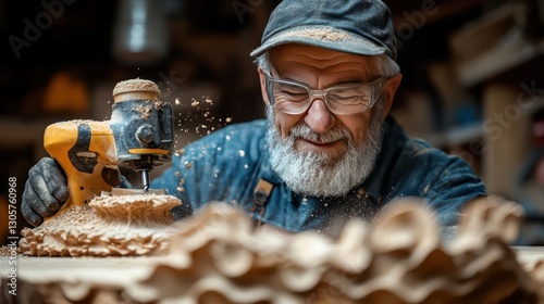 A carpenter working with a miter saw to make angled cuts for a wooden project

