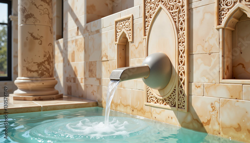 Flowing water from ornate ablution fountain in mosque, purity concept