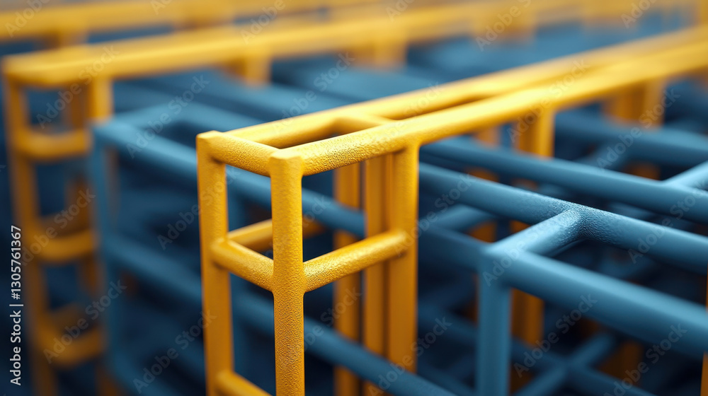 Reinforced construction materials in vibrant blue and yellow colors, showcasing strength and durability Reinforced construction materials in vibrant blue and yellow colors, showcasing strength and durability