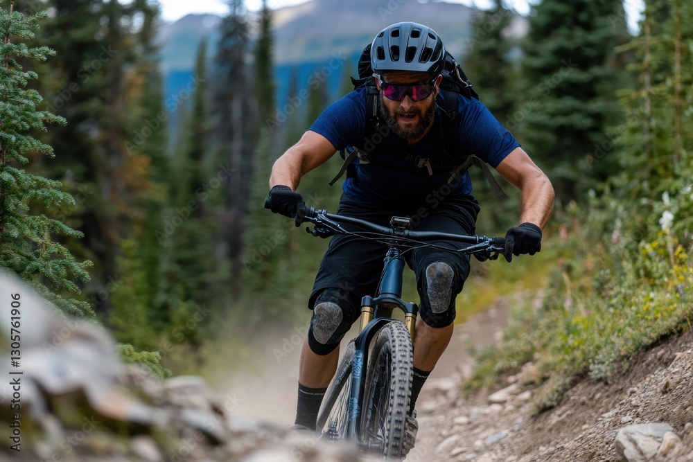 An enthusiastic mountain biker races down a rugged trail, surrounded by breathtaking nature, showcasing the thrill of adventure and the joy of cycling outdoors. An enthusiastic mountain biker races down a rugged trail, surrounded by breathtaking nature, showcasing the thrill of adventure and the joy of cycling outdoors.
