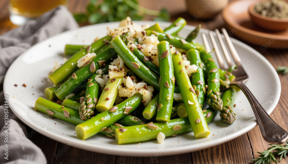 Vibrant asparagus and fennel saute on plate in cozy kitchen, culinary delight Vibrant asparagus and fennel saute on plate in cozy kitchen, culinary delight