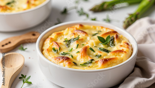 Delicious asparagus souffle in white ramekin, culinary delight