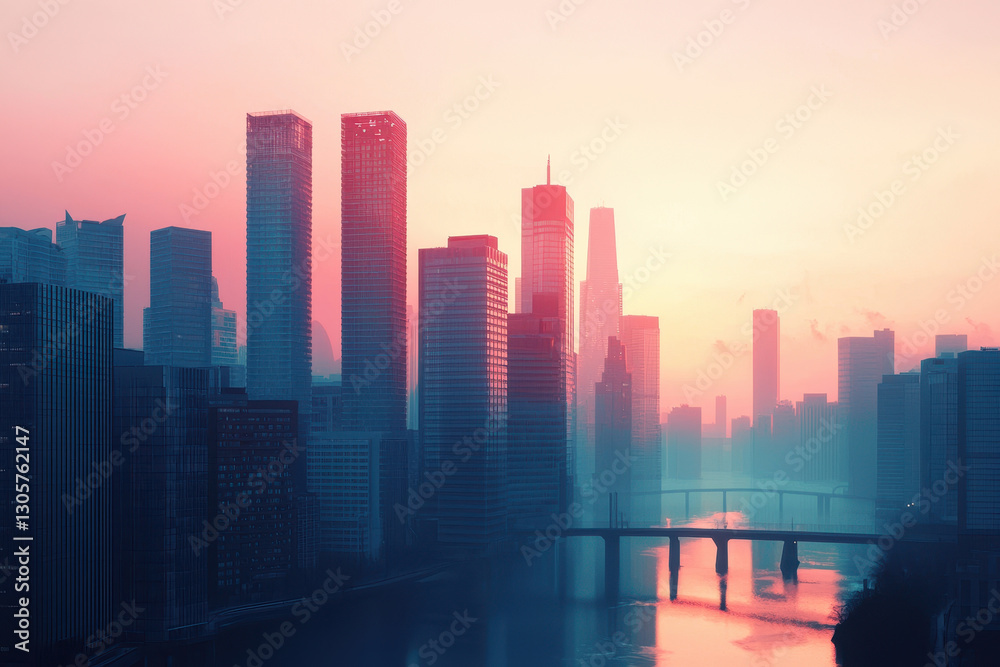 Fototapeta premium stunning urban skyline at sunset, showcasing modern architecture and vibrant colors. cityscape reflects on water, creating serene atmosphere