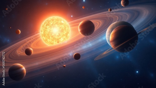 Vibrant and colorful solar system illustration with the sun at the center and planets scattered throughout  
