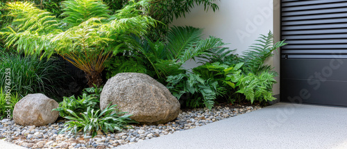 Lush minimalist backyard garden with decorative stones and greenery