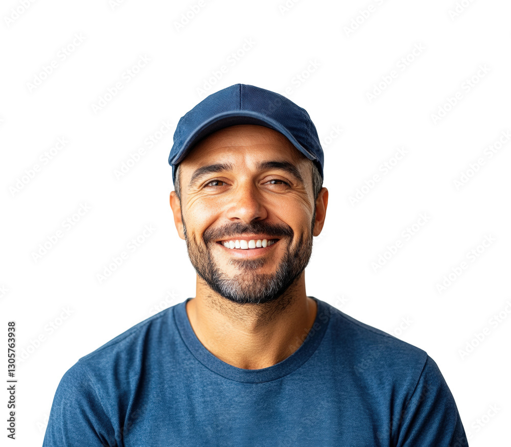 Fototapeta premium Smiling man in blue cap portrait bright front view positive vibes isolated on transparent background