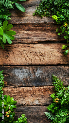 Green leaves arranged on a rustic wooden background, creating a natural frame with copy space in the center