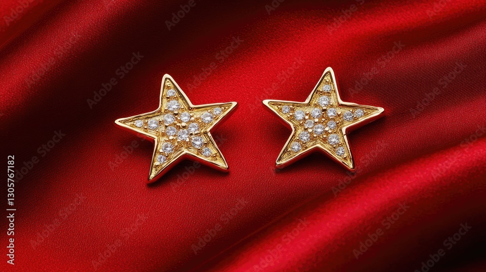 Sophisticated gold star earrings with diamonds, presented on deep red silk fabric. Sophisticated gold star earrings with diamonds, presented on deep red silk fabric.