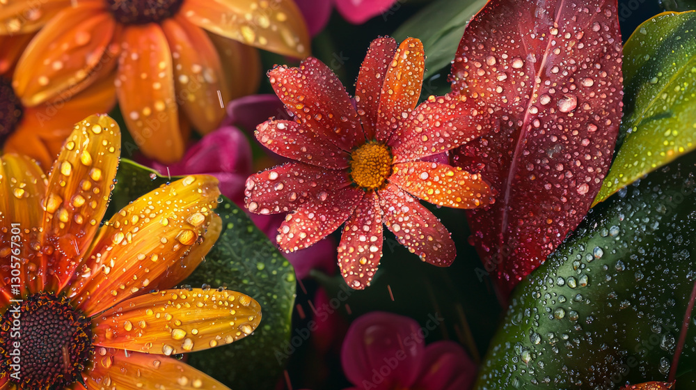 Vibrant Flowers with Raindrops in a Lush Garden Vibrant Flowers with Raindrops in a Lush Garden