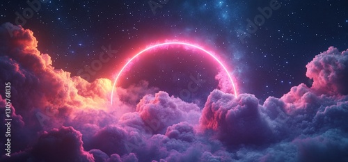 Ethereal dreamscape featuring glowing neon circle above soft pastel clouds