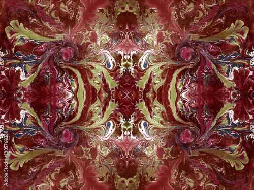 Crimson marbled symmetry pattern. Seamless, intricate symmetrical design with a rich, red fluid marble effect. Perfect for fabric, prints, & more.