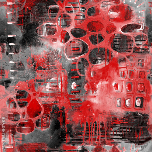 Crimson cellular decay pattern. Seamless, abstract design with cellular structures and a distressed, moody texture. Perfect for fabric, prints, & more.