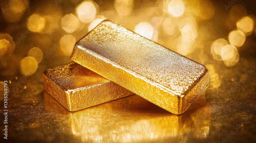 Two gold bars stacked unevenly, resting on a clean matte gold surface. Two gold bars stacked unevenly, resting on a clean matte gold surface.