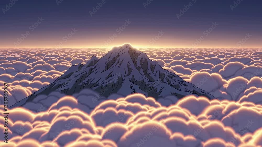 Aerial view of a mountain peak emerging through a sea of clouds at sunrise, creating a serene and majestic atmosphere, reminiscent of a fantasy video scene.