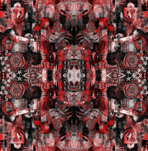 Crimson Byzantine fragment pattern. Seamless, dark and intricate vintage design with red and black symmetrical details. Perfect for fabric, prints, & more.