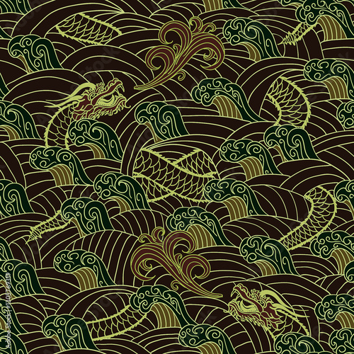 Dragon wave tides pattern. Seamless, oriental design with dragons and waves. Perfect for fabric, prints, & more.