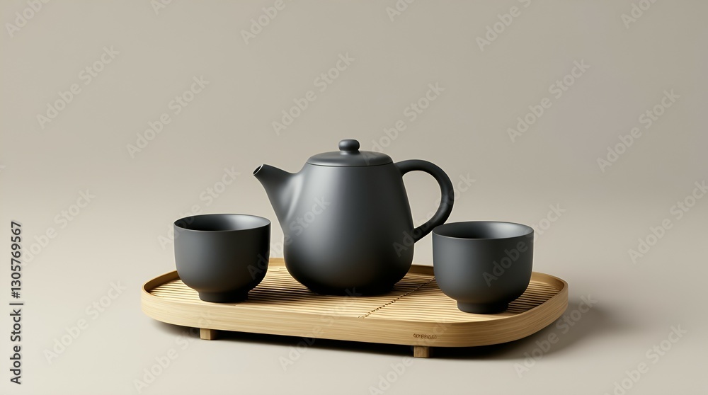 Elegant ceramic tea set with a bamboo tray Elegant ceramic tea set with a bamboo tray