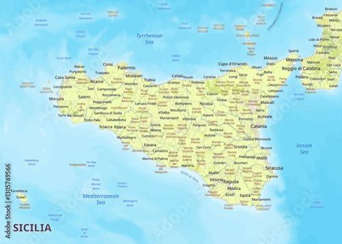 This detailed map showcases the island of Sicily, Italy, with a light green color representing the landmass and a light blue color for the surrounding waters.