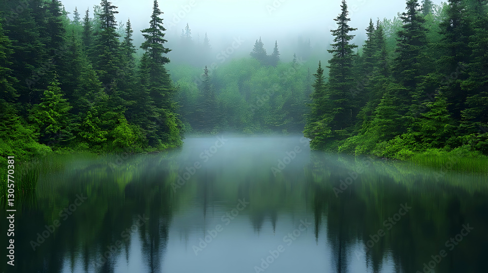 Misty Forest Landscape With Calm River Misty Forest Landscape With Calm River