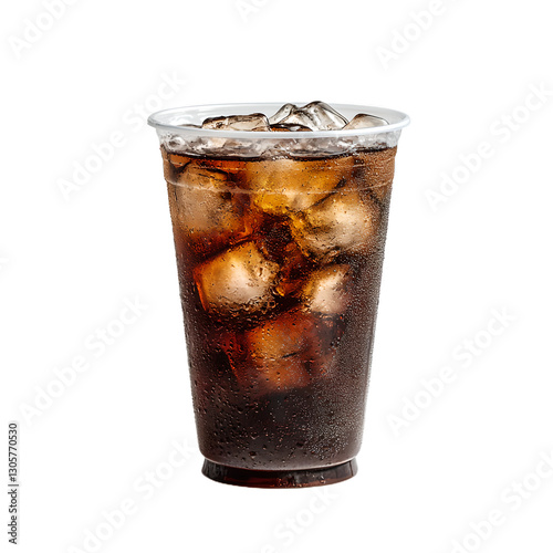 cold cola in plastic cup with ice cubes on transparent background photo