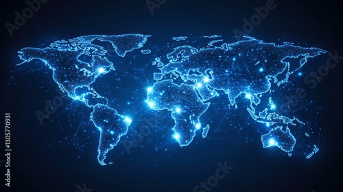 Digital world map with data points and connections, bright glowing light, cool blue and white tones, and high-tech global feel, birdâ€™s-eye view.