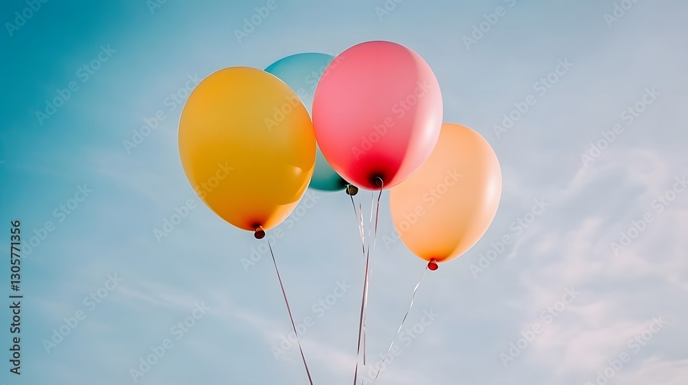 Four Colorful Balloons Floating in Sky, Pastel Balloons, Party Balloons, Celebration Balloons Four Colorful Balloons Floating in Sky, Pastel Balloons, Party Balloons, Celebration Balloons