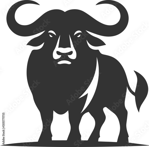 Buffalo standing tall, facing forward with large curved horns animal vector silhouette