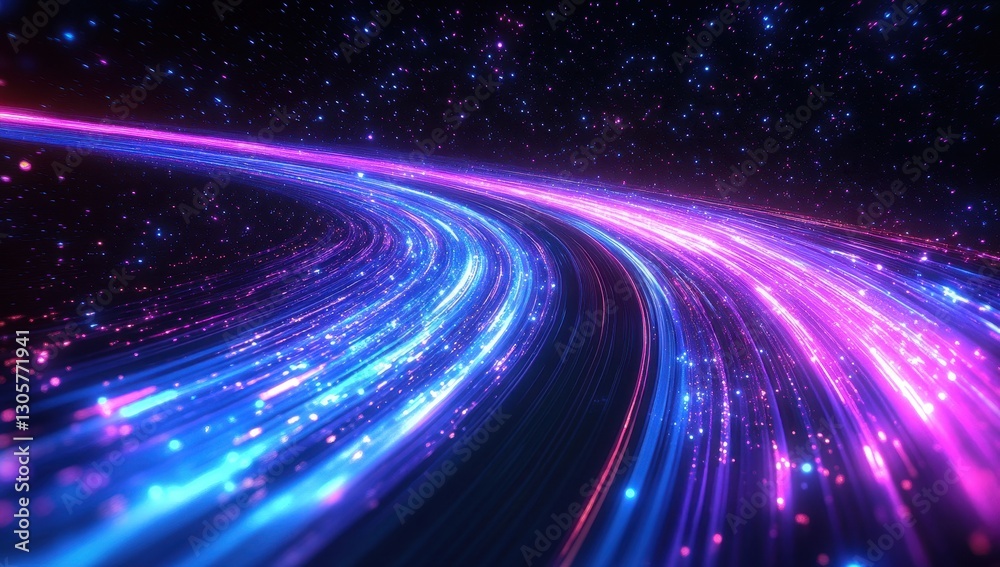 Abstract light trails in vibrant pink and blue colors creating an ethereal cosmic background with shimmering stars for futuristic designs