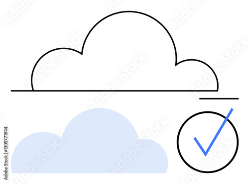 Cloud outline with a connected checkmark and filled cloud below, representing verification, data safety, and trust. Ideal for technology, cloud computing, success, security, approval software