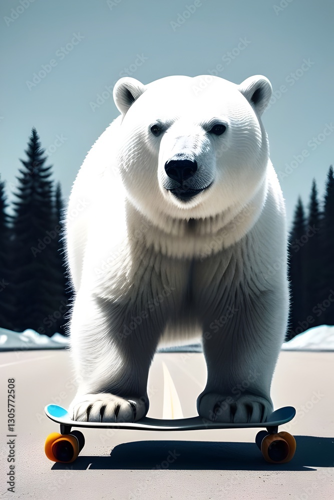 Fototapeta premium white polar bear riding a skateboard. extreme sports, action pose, white fur, anthropomorphic, urban animal, cool bear, animal character, skateboarding bear, wild animal, fun illustration, wild