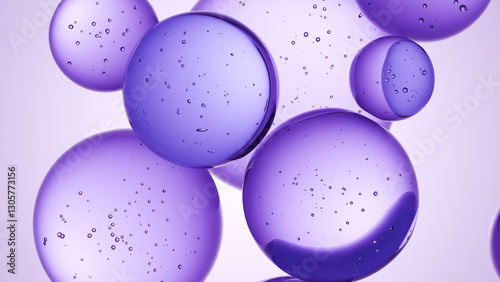 Cosmetics purple serum liquid bubbles 3d abstract background. Cosmetic moisturizer essence gel. Collagen fluid bubble molecule. Moisturizing cream or oil, beauty skin concept