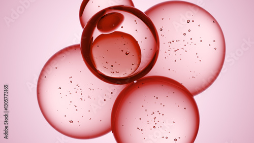 Cosmetics red serum liquid bubbles 3d abstract background. Cosmetic moisturizer essence gel. Collagen fluid bubble molecule. Moisturizing cream or oil, beauty skin concept