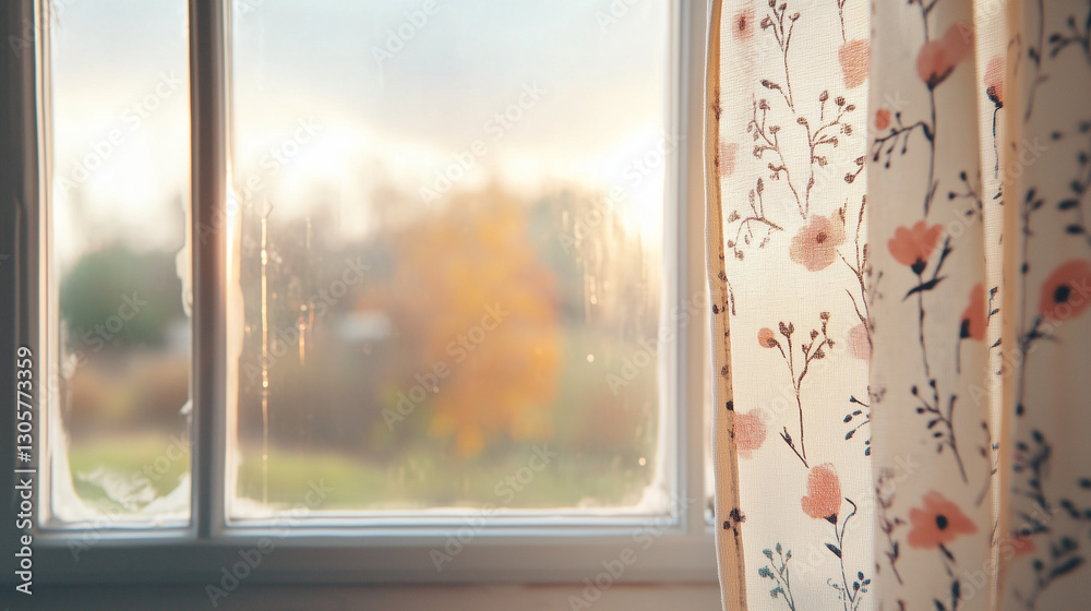 Naklejka premium Closed window framed by soft white curtains, displaying a peaceful mood, representing a blossoming tree, against a softly lit background