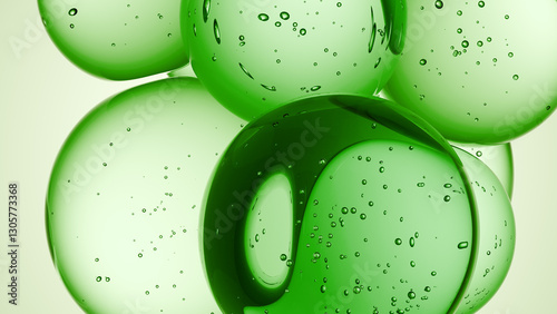Cosmetics green serum liquid bubbles 3d abstract background. Cosmetic moisturizer essence gel. Collagen fluid bubble molecule. Moisturizing cream or oil, beauty skin concept