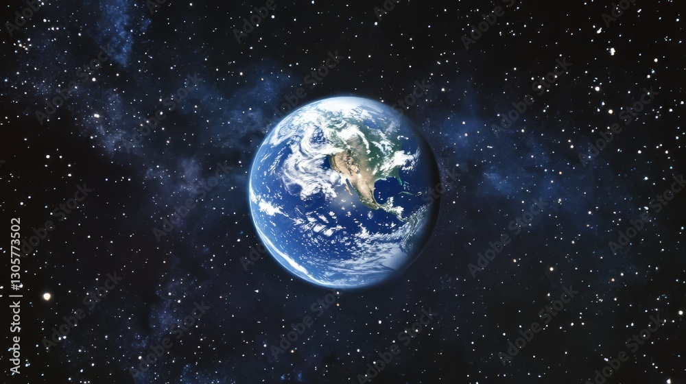 Obraz premium Earth rising over distant galaxy, soft glowing light, vibrant deep blues and purples, and vast expansive cosmic atmosphere, side angle shot.