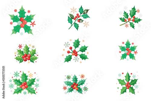 Set of holly with berries add some snowflakes vector illustration isolated on a white background