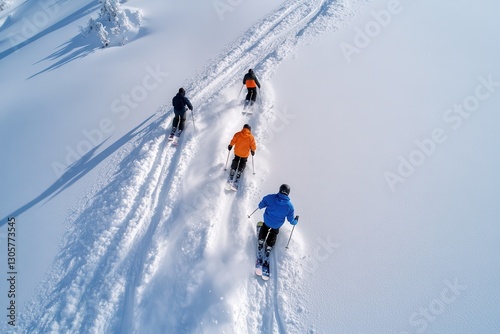 A group of skiers navigate a pristine snowy landscape, showcasing their skills and the beauty of winter sports in a breathtaking mountainous environment. photo