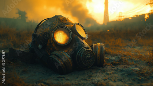 Gas mask abandoned on desolate ground amidst a post-apocalyptic landscape with a nuclear backdrop