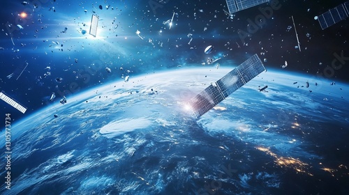 Earth surrounded by satellites and space debris, soft ambient light, cool blue and silver tones, and futuristic technological atmosphere, birdâ€™s-eye view.