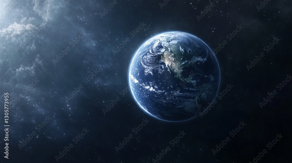 Fototapeta premium Earth viewed from satellite orbit, sharp sunlight, rich deep blues and whites, swirling clouds, and expansive calm atmosphere, eye-level shot.