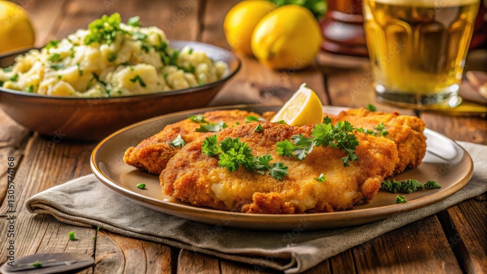 Crispy Schnitzel Close-Up: Mashed Potatoes & Drinks - Delicious Food Photography Crispy Schnitzel Close-Up: Mashed Potatoes & Drinks - Delicious Food Photography