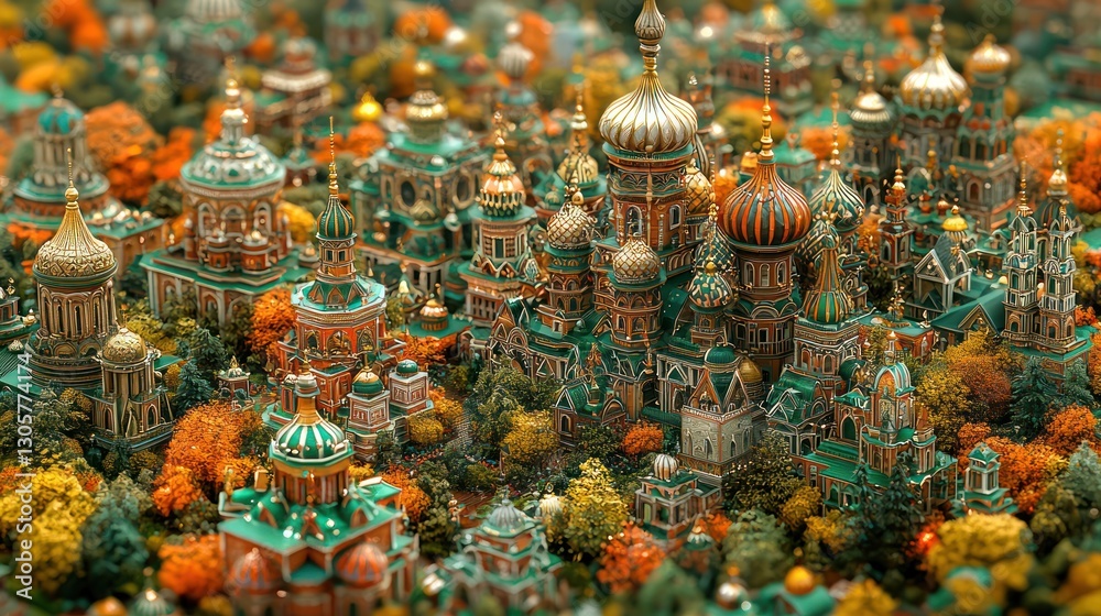 Fototapeta premium Autumnal Russian city model, detailed architecture, fall foliage background, for illustration or digital art