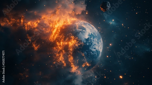 Earth with asteroid burning up in atmosphere, bright fiery orange hues, deep cool blues, and dynamic dramatic mood, wide-angle shot.