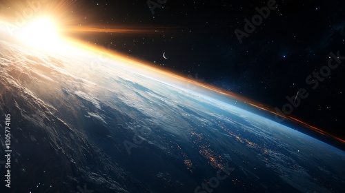 Earth with comet passing nearby, bright sunlight, deep cool blues and fiery comet tail, and dramatic expansive atmosphere, side angle shot.