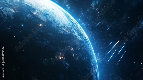 Earth with meteor shower in background, cool dark blues, bright fiery streaks, and dynamic cosmic atmosphere, wide-angle shot.