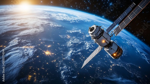 Earth with space station in foreground, soft glowing light, deep blue hues, and calm futuristic space atmosphere, wide-angle shot.