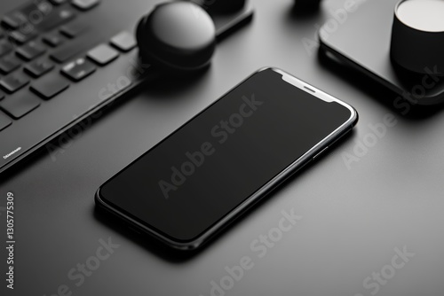 A cell phone rests beside a cup on a desk surface.