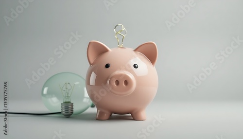 Green electic electric bulb piggy bank on neutral studio background as energy saving concept poster or banner